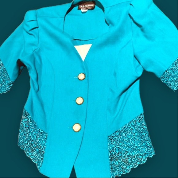 VINTAGE SL Fashions 2-piece skirt suit SET teal turquoise lace blazer 70s 80s - Picture 7 of 16